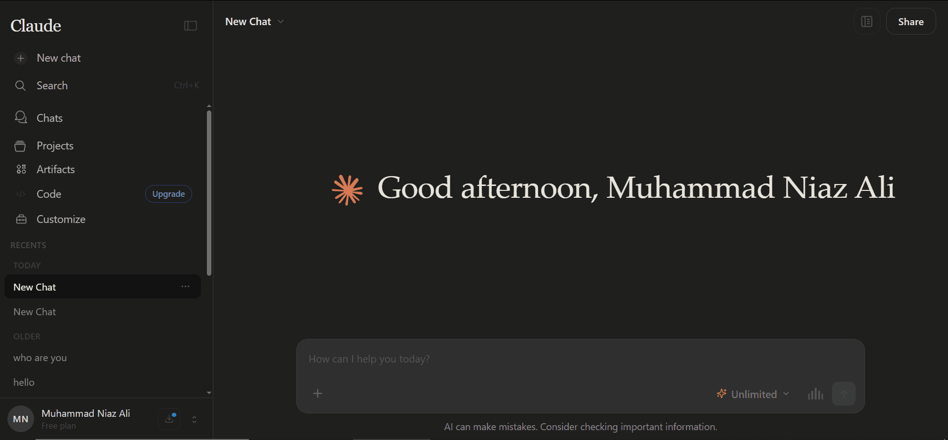 Claude AI web interface rebuilt from scratch by Muhammad Niaz Ali