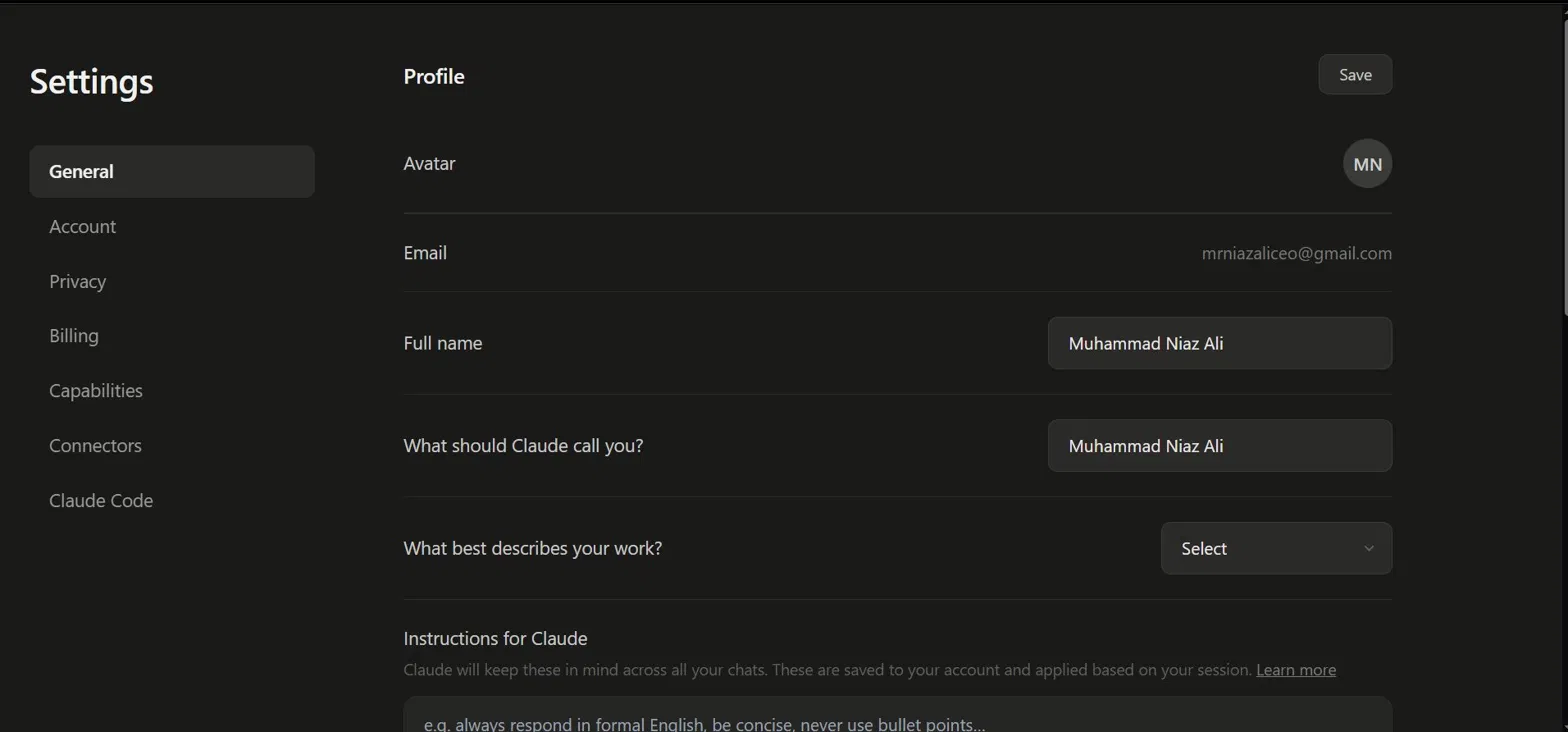 Claude AI settings page by Muhammad Niaz Ali Pakistan