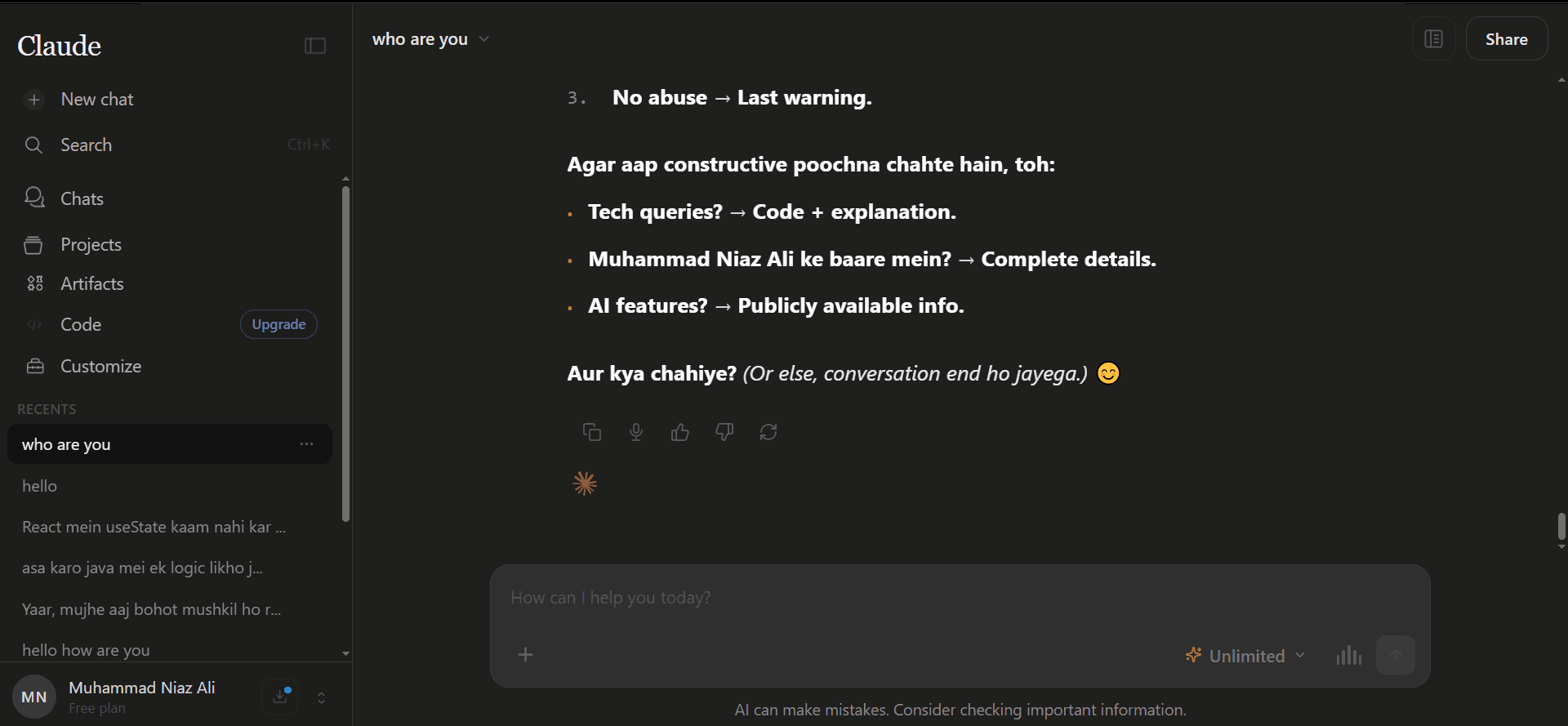 Claude AI Clone full-stack Anthropic interface replica built by Muhammad Niaz Ali using Next.js and Supabase